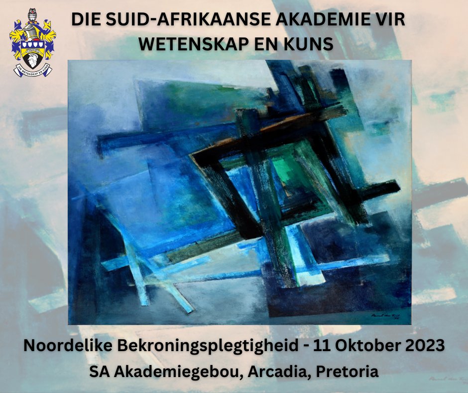Die SA Akademie se noordelike bekroningsplegtigheid vind op 11 Okt 2023 om 18:30 plaas by die Akademiegebou in Arcadia, Pretoria.

JUNIOR KAPTEIN SCOTT-GEDENKMEDALJE - Chanel Pretorius
EREPENNING VIR KUNS - Franco Prinsloo

#saakademie; #afrikaans;