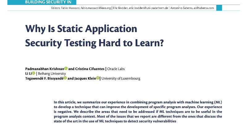 securityprivacy's tweet photo. Learn about the benefits and limitations of using machine learning in static application security testing:

@ComputerSociety
#IEEECS