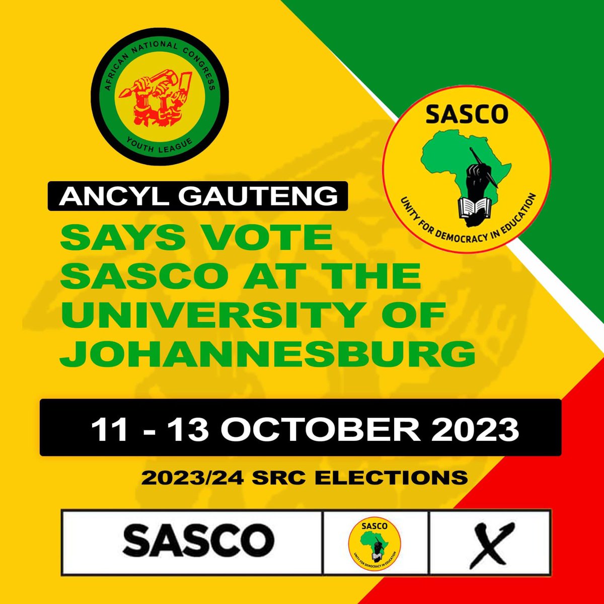 gautengancyl's tweet photo. All Students at the University of Johannesburg are encouraged to cast their votes for the glorious student movement, SASCO. 
VOTE SASCO!!! https://t.co/QSdRn1IeMh