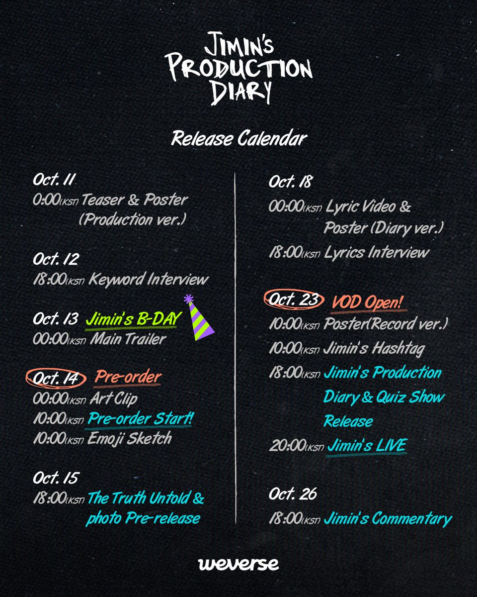 weverseofficial's tweet photo. <Jimin’s Production Diary> Release Calendar

🗓️ Pre-Order available from Oct 14, 10 AM (KST) @weverseshop
🗓️ VOD Release on Oct 23, 6 PM (KST) Only on #Weverse

#Jimin #지민 #Production_Diary #프로덕션다이어리
#BTS #방탄소년단