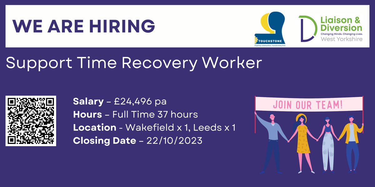 LandD_WY's tweet photo. 📢 #WeAreHiring two Support Time Recovery Workers in partnership with @Touchstone_Spt to join our Wakefield and Leeds Liaison and Diversion teams. 

Find out more and apply here 👇
https://t.co/UcH0ARR9JX

#vacancy #JOBALERT  #CriminalJustice https://t.co/jjIUIfmGiw