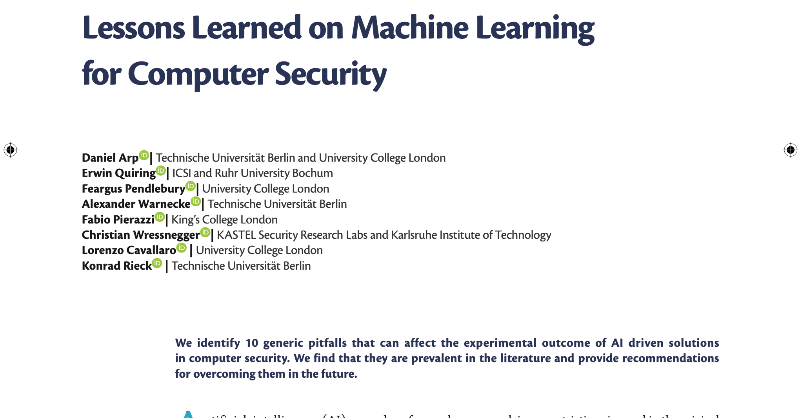securityprivacy's tweet photo. “Pitfalls come in various forms and flavors, some obvious but others noticeable only with a very cautious eye.” Read more on prevalent pitfalls in AI-driven solutions for computer security:

@ComputerSociety
#IEEECS