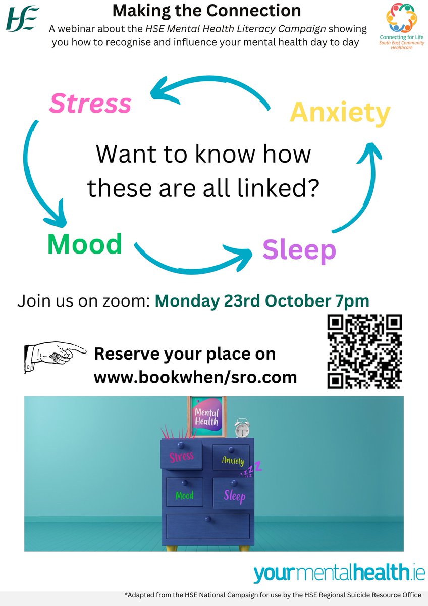 HealthyWexford's tweet photo. 'Making the Connection' HSE #webinar to help recognise &amp; influence your mental health day to day
#makingtheconnection between common #mentalhealth difficulties &amp; knowing how &amp;when to get support.  

📅 23rd Oct
⏰ 7pm

Booking:
🔗 https://t.co/qwVjGyKMmO

#MentalHealthLiteracy https://t.co/1BmyXI9K7L