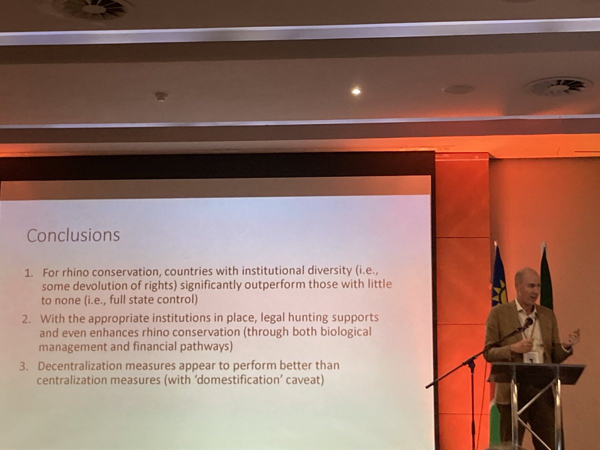 Countries that have been most successful in #rhino conservation: diverse stakeholders involved; legal hunting; and decentralisation of management @tSasRolfes, research fellow @WildlifeEconomy speaking at AWCF in Namibia