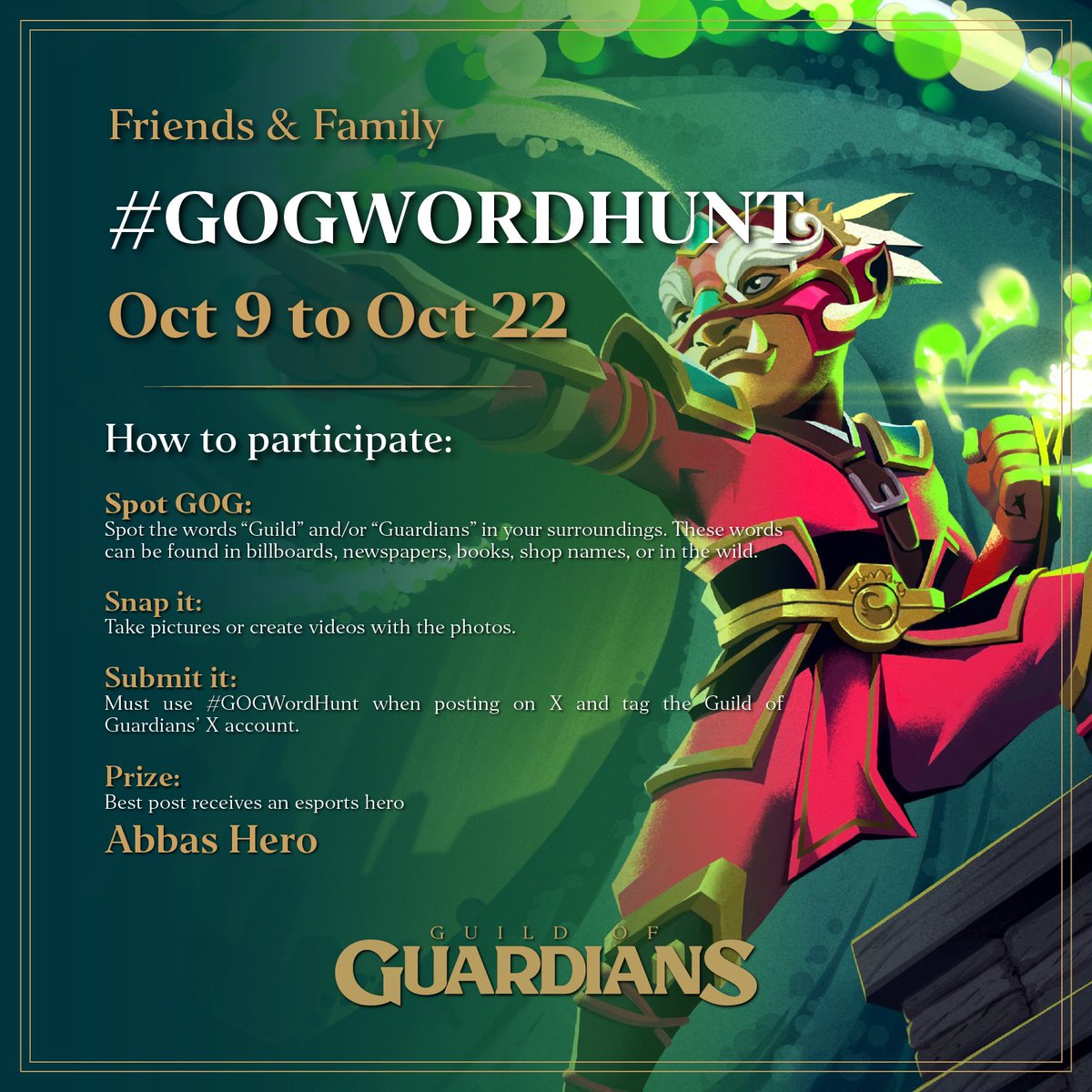 📞 Calling all Guardians for TWO contests 🏆 Win an esport hero! 🦸

For Guardians active in the GOG Friends and Family demo 👉 Record your play and submit using #GOGBestMoments 

For GOG community 👉 Find GOG in the wild and submit using #GOGWordHunt

🔽Instructions below🔽