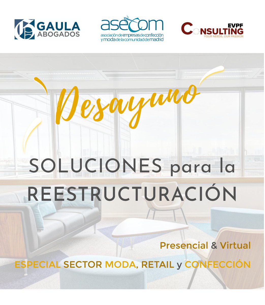 GAULAabogados's tweet photo. SAVE THE DATE | Desayuno 25 Oct / Soluciones para la reestructuración, especial sector moda, retail y confección, vía@EventosJur https://t.co/MIWtpN994y… https://t.co/CnmIXL1EBe