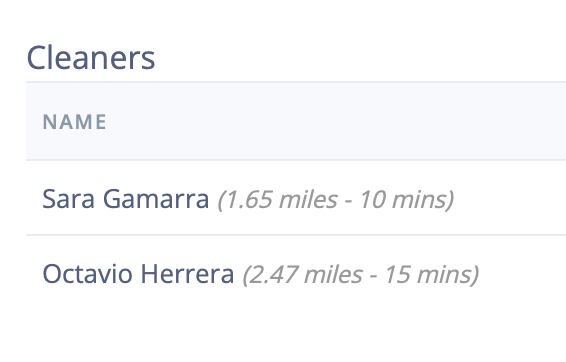 <a href="/pontodotdev/">Ponto.Dev</a> Ok first iteration done, when adding cleaners/teams to an appointment, you will see the driving distance and time from the cleaner registered address to the customer's address.

TODO: Take previous cleaning appointment address and end time into account as well.