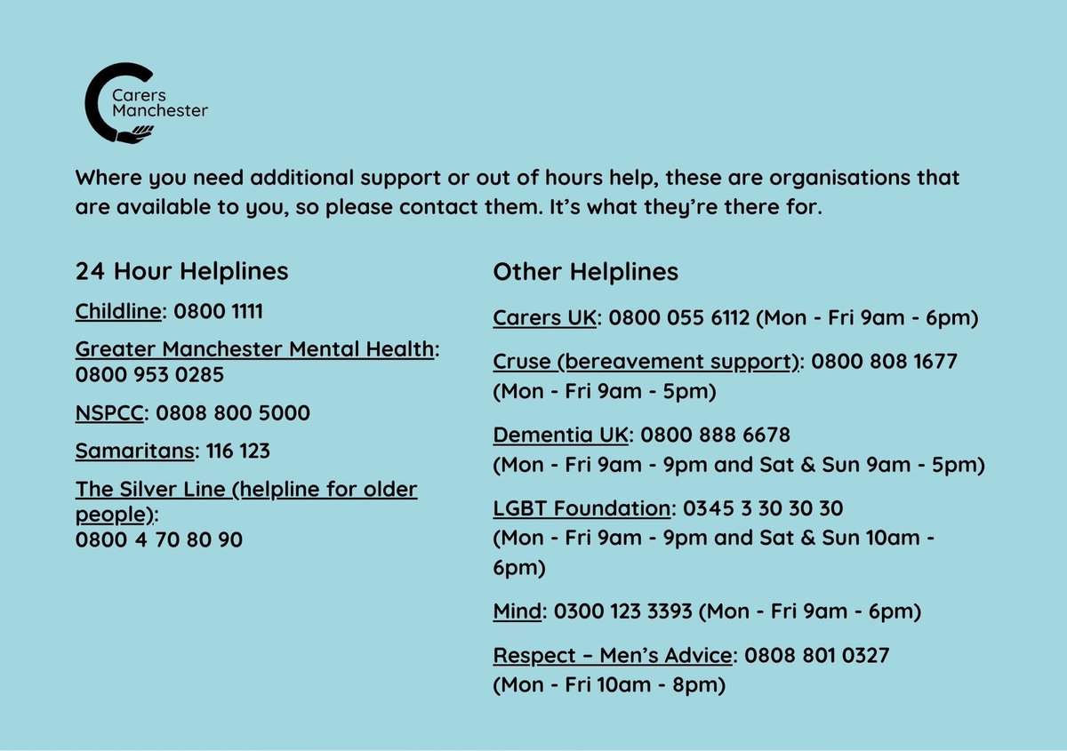 CarersMcr's tweet photo. If you are a carer in Manchester and need some support, we can help.
Call 0161 543 8000 (Mon – Fri 10am–4pm except bank holidays). Our busiest times are between 11am and 2pm, so you may wish to contact us outside of these hours.
#WorldMentalHealthDay #UniversalHumanRight https://t.co/YPn0UqGi9W