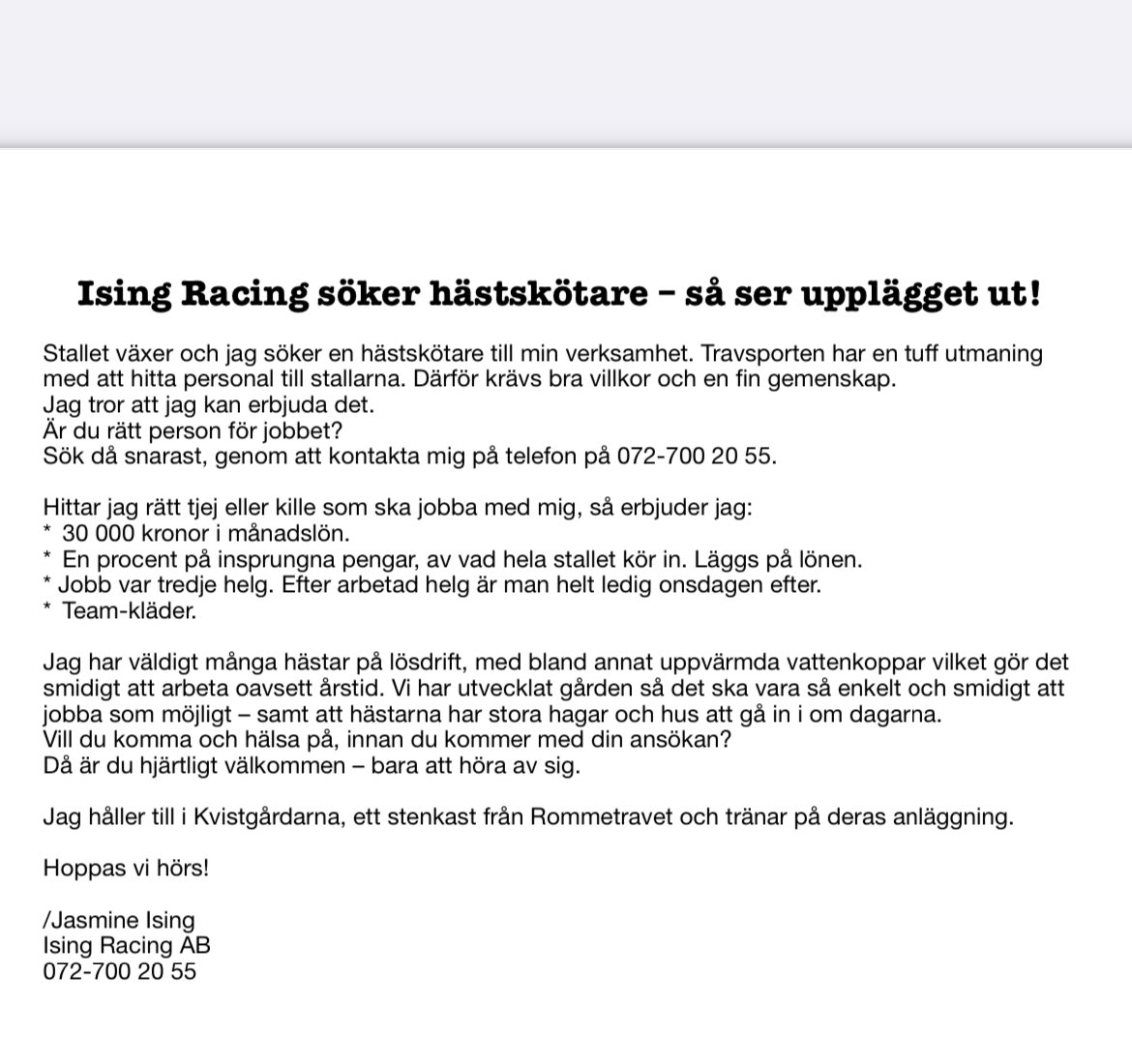 IsingRacing's tweet photo. Jag söker personal! Bra villkor, se alla förutsättningar i presentationen. Sprid gärna ordet! Tack på förhand. https://t.co/7yZDVQBqNE