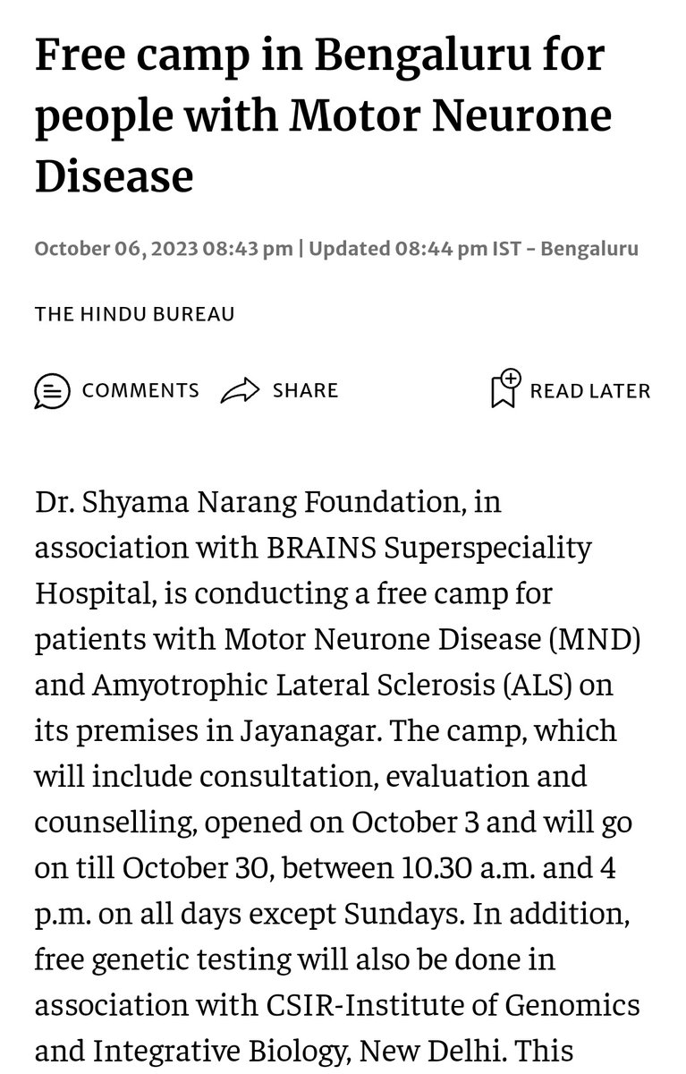 We are conducting a genetic testing camp for motor neurone disease in partnership with Dr. Shyama Narang Foundation, and the BRAINS Superspeciality Hospital in Bangalore. The testing started from 3rd October and will go on till 30th October. deccanherald.com/india/karnatak…