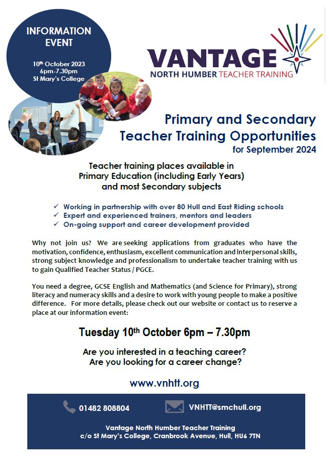 Thinking of a career in teaching? Join us for Vantage North Humber Teacher Training Information Event tonight from 6 pm - 7.30 pm. #teach #teachertraining #getintoteaching