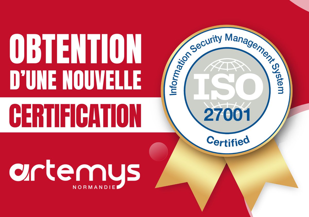 🏆Nous voilà maintenant certifiés #ISO 27001 pour l’engagement de notre Centre de Services Artemys Normandie en matière de sécurité de l’information.
 
Une certification qui démontre ainsi un haut niveau d’exigence et de qualité du groupe Artemys !
