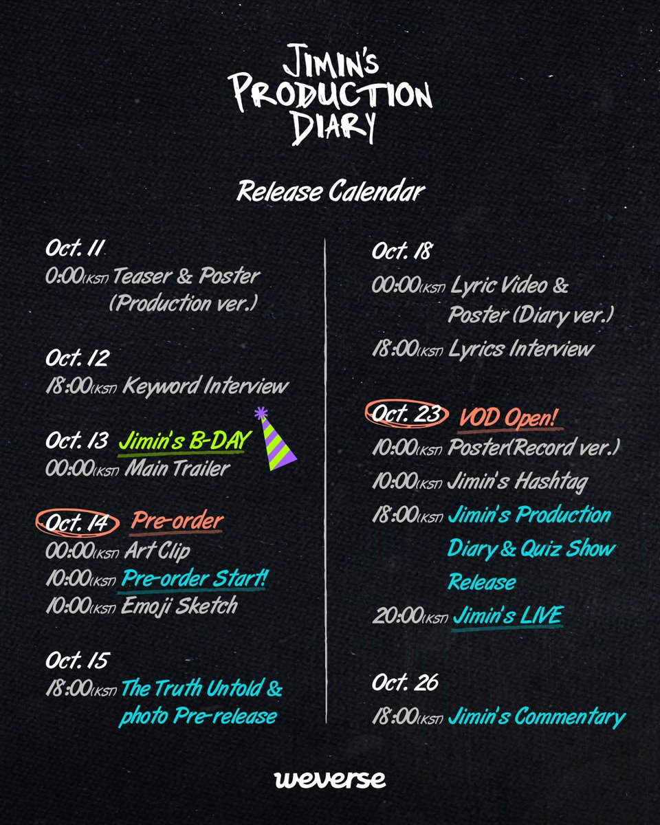 <Jimin's Production Diary> Release Calendar💝 👉Pre-order available from Oct 14, 10AM (KST)ㅣ@Weverseshop #Jimin #지민 #Production_Diary #프로덕션다이어리 #BTS #방탄소년단