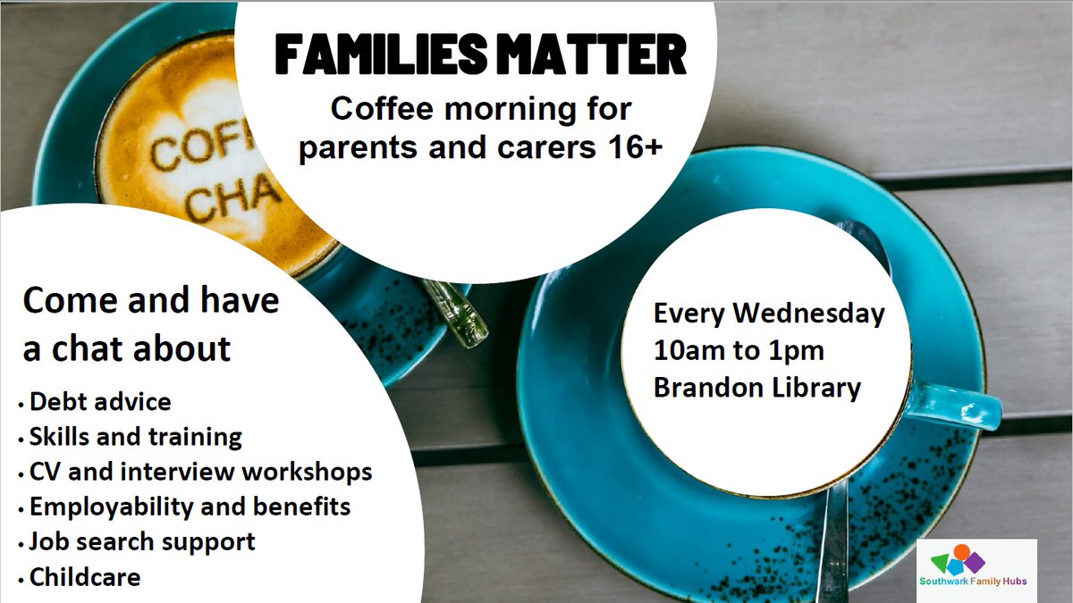 SouthwarkLibs's tweet image. Are you a parent or carer in need of some support?
Come for a cuppa at #BrandonLibrary 
Wednesdays from 10am to 1pm.
The early help team can offer advice on 
parenting
mental health 
employment 
your safety
and lots more