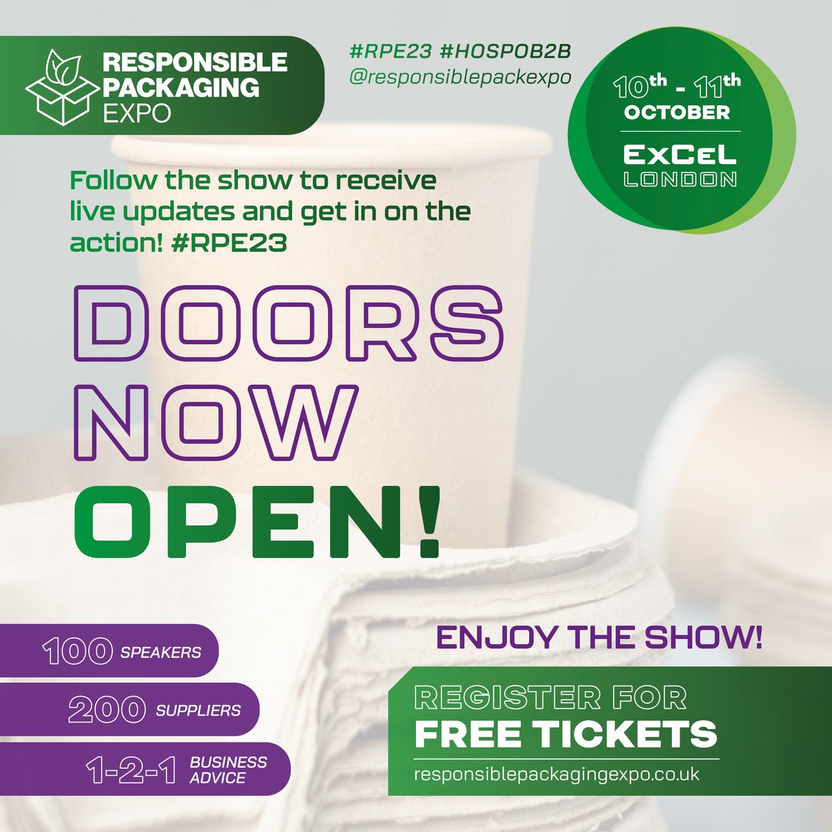 ResPackExpo's tweet photo. 🙌 DOORS OPEN! 🙌 Welcome to Responsible Packaging Expo! Exciting day ahead. Share your journey with us - tag us in your photos and videos. For ticket help, head to the main entrance. Let's make today amazing! 🎟️
 #RPE23 #Packaging #DoorsOpen #Day1 https://t.co/4Ch3ML8pdZ