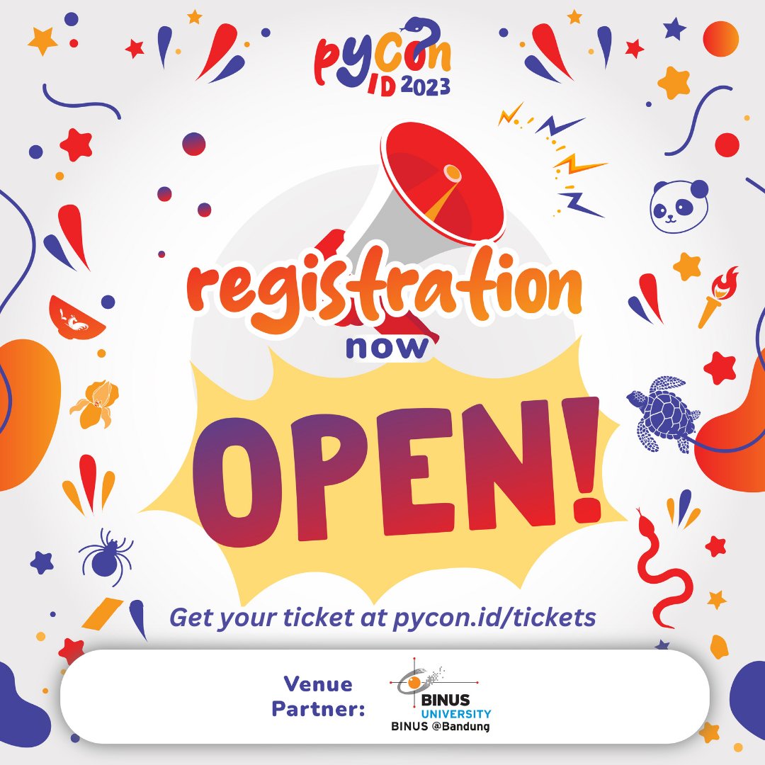 id_python's tweet image. Ready to dive into the fun world of Python?
Registration for PyCon ID 2023 is now open! Secure your spot now!
Check the details on pycon.id/tickets
#PyCon #PyConID #PyConID2023 #Python #PythonID