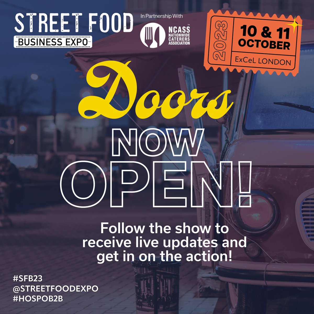 🙌 DOORS OPEN! 🙌 Welcome to Street Food Business Expo! Exciting day ahead. Share your journey with us - tag us in your photos and videos. For ticket help, head to the main entrance. Let's make today amazing! 🎟️ 

#sfbe23 #streetfood #DoorsOpen #Day1