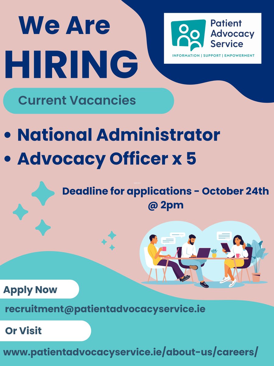 WE ARE HIRING! The Patient Advocacy Service is recruiting a National Administrator &amp; five Advocacy Officer positions. Visit our website to find out more!
patientadvocacyservice.ie/about-us/caree…

CLOSING DATE FOR APPLICATION: 24th October 2023 @ 2pm.

#jobfairy