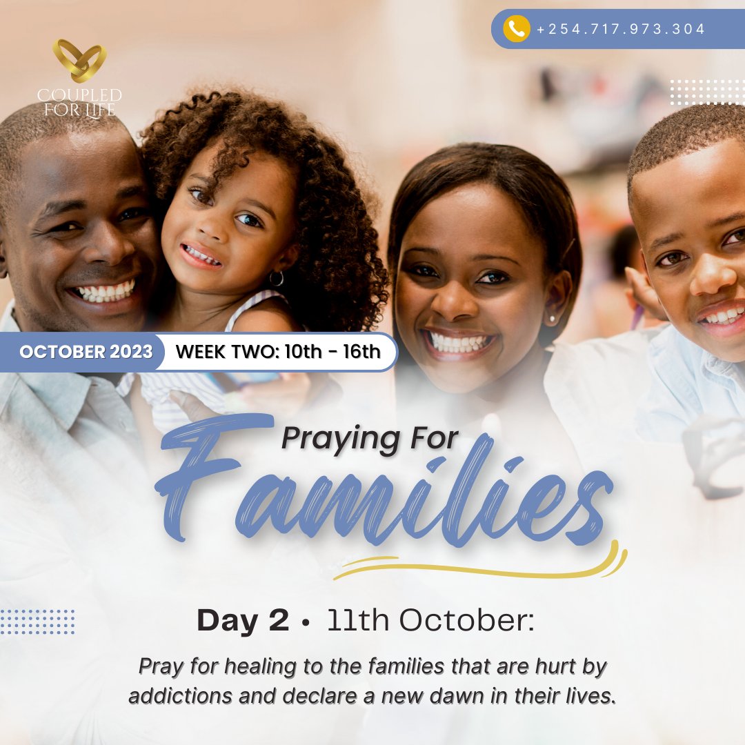 CoupledForLife's tweet photo. Day 2: Pray for healing for the #family that is hurt by #addictions and declare a new dawn in their lives.
Matt 11:28: Come to me, all of you who are weary and carry heavy burdens, and I will give you rest. #KingdomParents (WA: +254717973304) #CoupledForLife #Prayer #Deliverance https://t.co/nYlVlP9joz