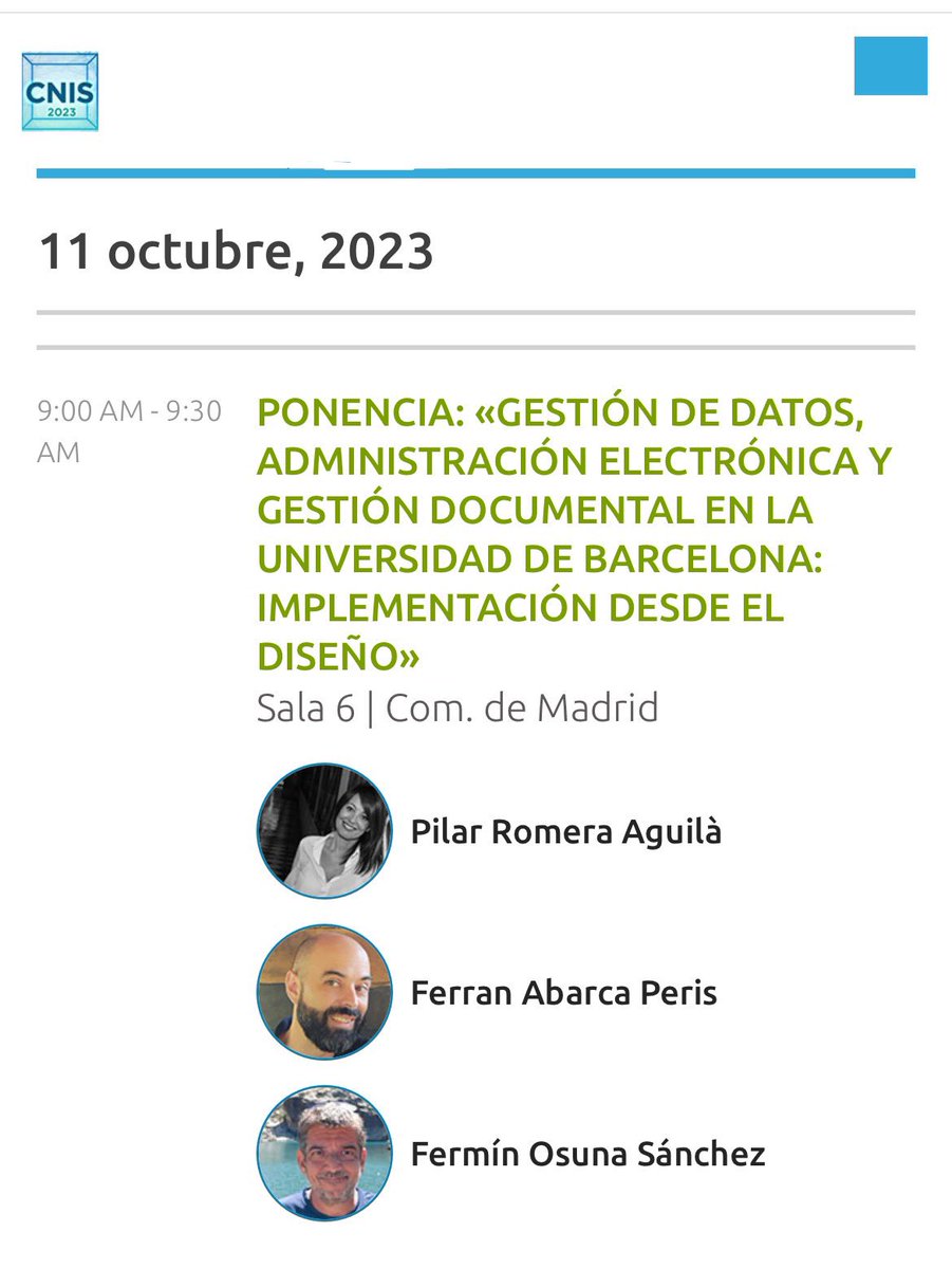🙌Avui som al <a href="/congresoCNIS/">Congreso CNIS</a>!

📅 Demà parlarem de #dades, #eadmin i #gestiódocumental a la <a href="/UniBarcelona/">Universitat de Barcelona</a> 

🗣️De la mà de <a href="/promera68/">Pilar Romera</a>, <a href="/Ferranabarca/">Ferran Abarca</a> i #FerminOsuna
