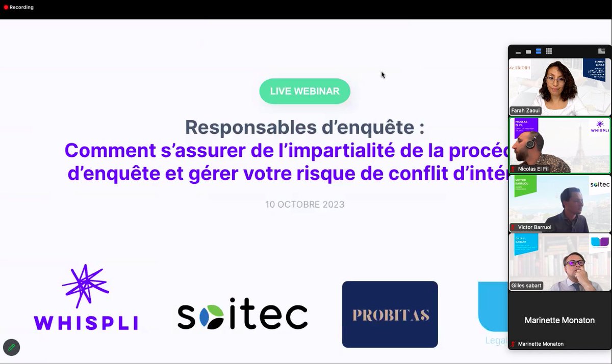 Webinaire sur les conflits d'intérêts et l'enquête interne : ✅

Le replay sera bientôt disponible. 

D'autres évènements en lien avec la #compliance sont à venir en partenariat avec <a href="/whispliapp/">Whispli</a> 🙌