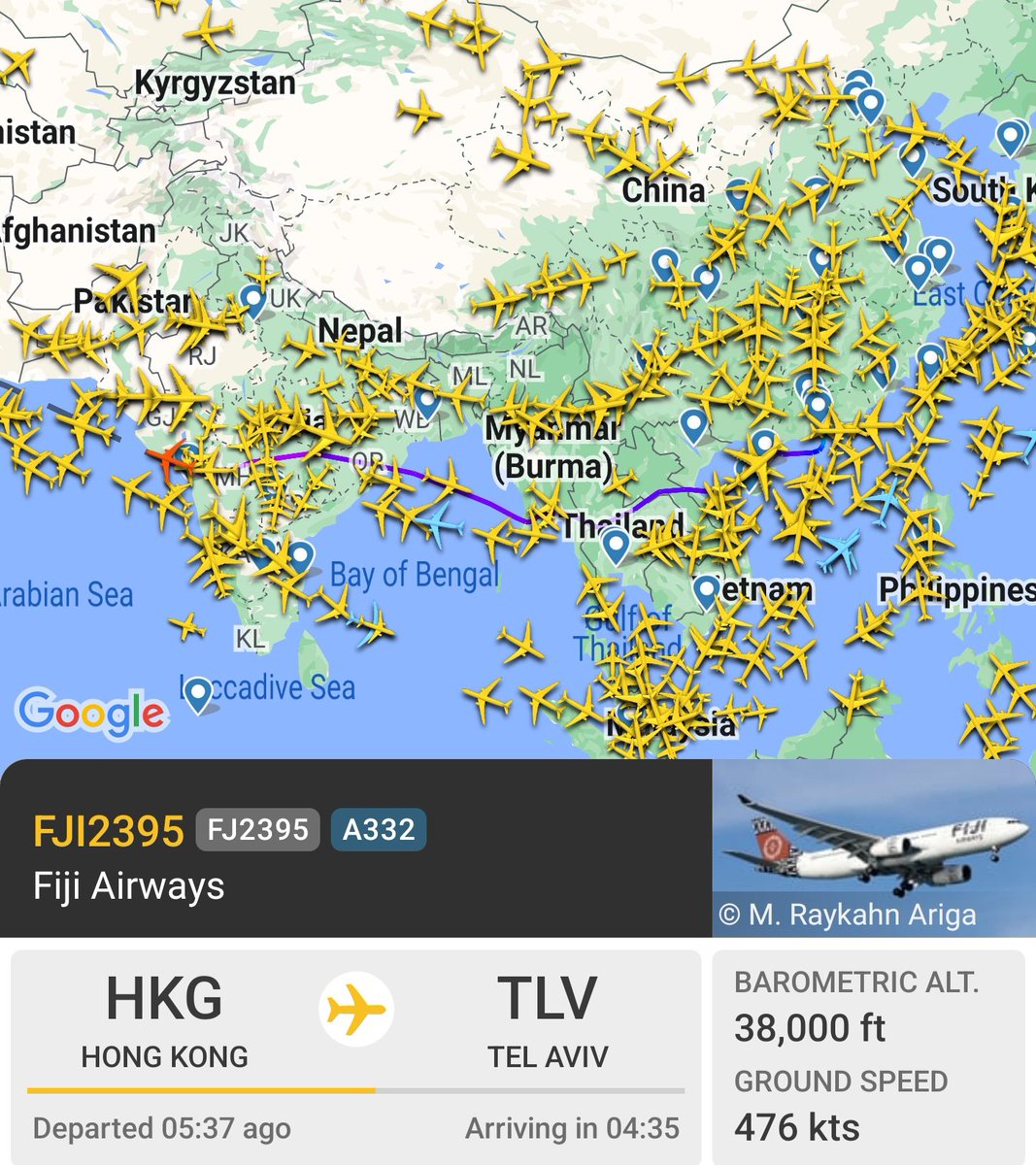achandftv's tweet photo. FJ2395 - the plane marked red has left Hong Kong bound for Tel Aviv to bring back the Fijians who went there to attend the 2023 Feast of Tabernacle #Fiji #FijiNews https://t.co/Grz1V6iv4i