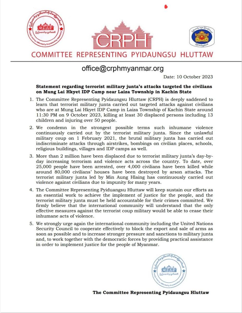 CrphMyanmar's tweet photo. 10 months after the adoption of UN Security Council's Resolution on #Myanmar, called to end violence, the brutal junta carried out another shelling at IDP Camp in Laiza, #Kachin, at least 30 people killed and 50 more injured.

Read our Statement: https://t.co/BkUj8l7bdQ https://t.co/NPhFgZJ7S8