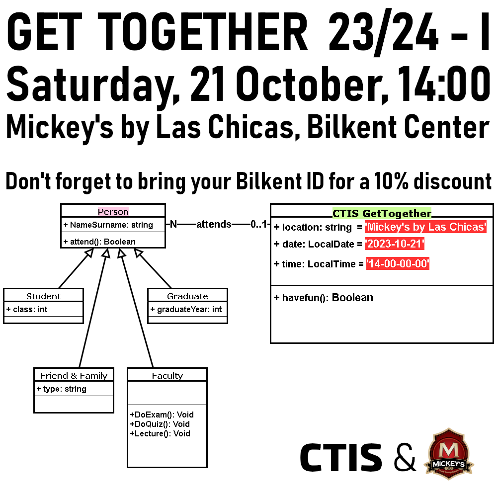 CTISBilkent's tweet photo. CTIS family is inviting you to this Year's first Get Together, @ Mickey's by Las Chicas - Bilkent Center, on Saturday, 21st of October at 14:00. CTIS alumni, students, faculty, and friends are all cordially welcome. Bring your Bilkent ID for a 10% discount.
#CTISGetTogether https://t.co/vWsAvISQTt