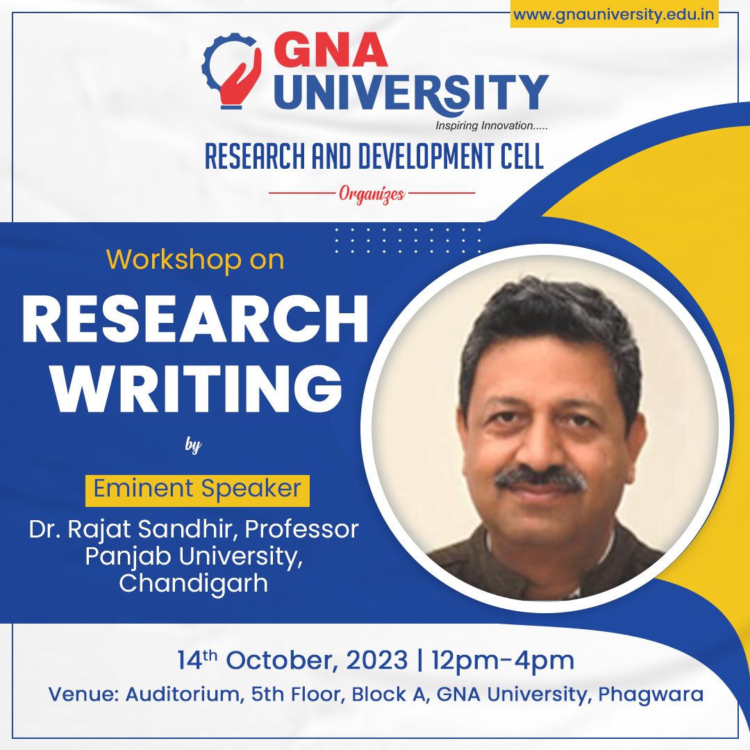 #GNAUniversity- Research and Development Cell is organizing Workshop on “Research Writing” for its faculty members and Research Scholars.

#ResearchWriting #PHDWorkshop #AcademicExcellence #researchdevelopment #highereducation #educationsector