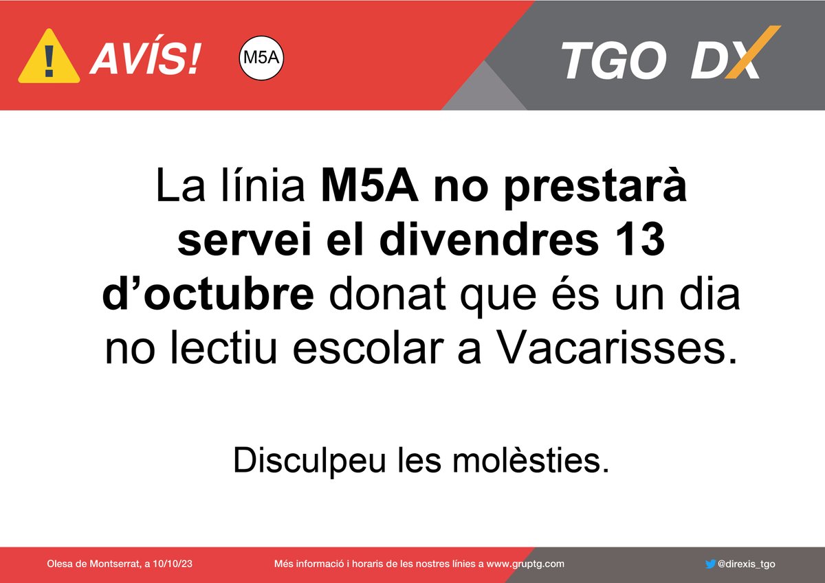 direxis_tgo's tweet photo. ⚠ Atenció #M5A 
🗓 Divendres 13 d'octubre
⛔ No prestará servei
La línia M5A no prestarà servei el divendres 13 d’octubre donat que és un dia no lectiu escolar a Vacarisses. Disculpeu les molèsties. https://t.co/9FRqOpDK9G