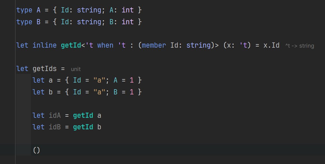 <a href="/RecktenwaldRene/">Rene Recktenwald🔸</a> <a href="/jkone27/">jkone27 - F#🦔/climate🌳</a> You can use SRTPs to achieve this.
Get the Id from A or B typed values:
#fsharp