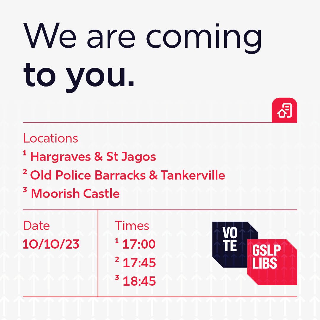 GslpSocial's tweet photo. HUSTINGS SCHEDULE FOR TODAY!
Hargraves & St Jagos, Old Police Barracks & Tankerville and then Moorish Castle ๐
See you all later!
#VoteGSLPLibs #GetTheJobDone #KeepGibraltarSafe https://t.co/Z0umJHlPgo