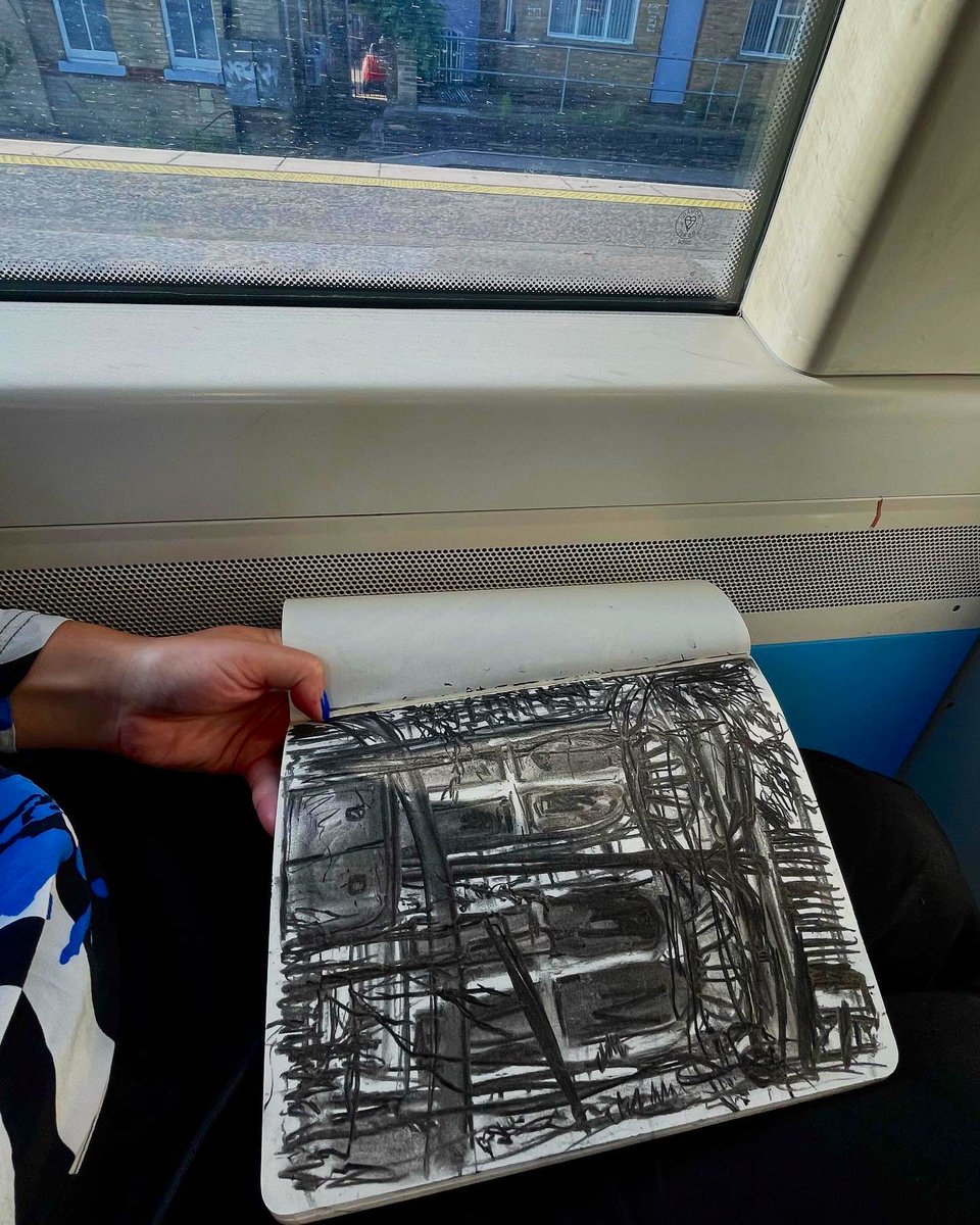 LizAtkin's tweet photo. Sketchbook keeping my hands messily occupied and #skinpicking & #anxiety at bay, drawing whilst speeding through Kent on the journey to London, self care on #WorldMentalHealthDay
#drawingeveryday #BFRB #bodyfocusedrepetitivebehaviour #bfrbawareness @Drawinglives @The_Big_Draw https://t.co/eSfrhqaU4N