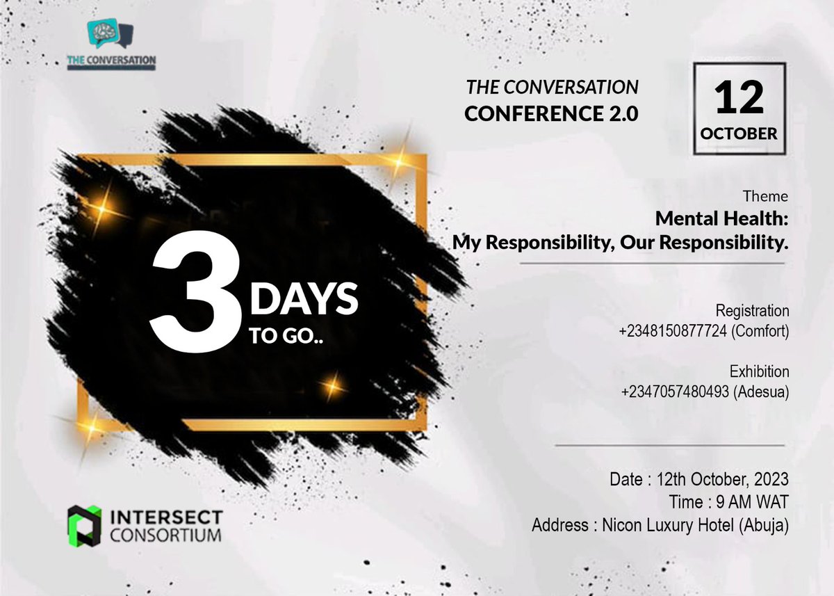 OlivePrime's tweet photo. Where would you rather be on the 12 October?
An indepth understanding of mental health is very important for your mental wellbeing and that of everyone around you.
#TCC2.0 #TCC2023 #theconversationconference2023 #WorldMentalHealthDay2023 #intersectconsortium #oliveprime https://t.co/WjXqi4jFrn