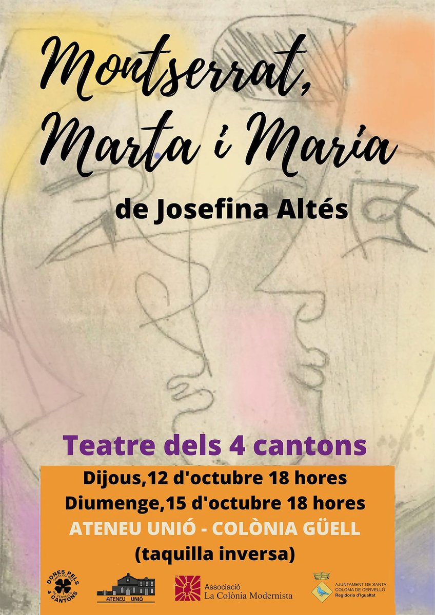 23a #festamodernisme
#festadelmodernisme
#colòniagüell
El dijous 12 i el diumenge 15 d'octubre a les 18h farem teatre a l'Ateneu de la Colònia
Us animem a venir!!!
<a href="/StaColomaC/">Ajuntament de Santa Coloma Cervelló</a>