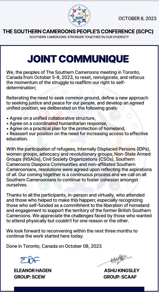 scpc2023's tweet image. A cross section of Southern Cameroonians meeting in Toronto have  agreed on a working collaborative structure, a unified response to humanitarian actions. 
Details of the resolutions shall be communicated sooner