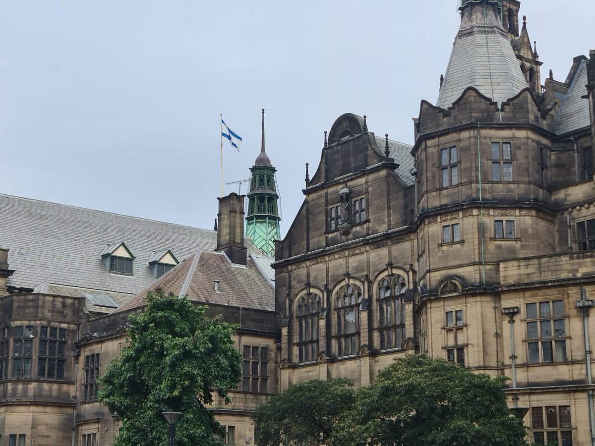 #Sheffield Council is flying the flag of an apartheid regime conducting a genocidal campaign against a captive civilian population, ⅔ of whom are refugees & ½ of whom are children. Israel has cut off water, food & medicine to #Gaza. The Council is supporting war crimes.