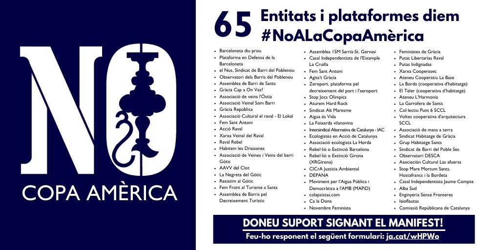 NoCopaAmerica's tweet photo. La nostra plataforma neix amb l'adhesió de 65 organitzacions al nostre manifest. I esperem seguir sumant-ne properament. Entre aquests col•lectius es troben:
🏠Sindicats d'habitatge
📢Entitats veïnals
🌱Moviment ecologista
🛠Cooperativisme
🟣Moviment feminista
I molts més! https://t.co/EzZF9SVW40