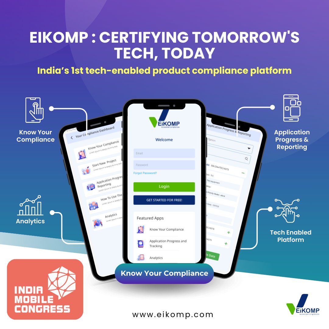 eikomp's tweet photo. Join Eikomp at @exploreIMC 
Eikomp - India's Tech Compliance Leader
✅ Global Compliance Made Easy ✅ Streamlined Certification Process ✅ Master Multi-Geography Compliance ✅ Faster Turnaround

#ProductCompliance #IMC2023 #Technology #GlobalCompliance #5G #RegulatoryCompliance https://t.co/DlhvHnaQlP