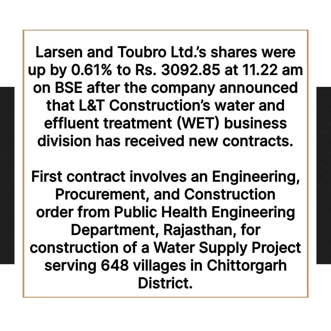 mayur259's tweet image. News: L&amp;amp;T Wins Water Supply Contracts in Rajasthan and Assam

#BSE #Water #EffluentTreatment #Rajasthan #WaterSupplyProject #Chittorgarh #JalJeevanMission #IntakeStructures, #WaterTreatmentPlants #DistributionPipelines #ClearWater #Reservoirs #PumpHouses #FHTC