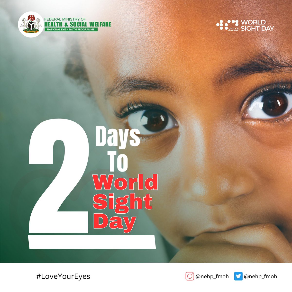 NEHP_FMoH's tweet photo. It is the final countdown! Just 2 more days until #WorldSightDay. Feel the excitement building as we gear up for an unforgettable day of raising awareness, promoting eye health, and making a difference in the lives of those in need. Stay tuned
#FMOHSW #NEHP #LoveYourEyes https://t.co/XeDq0we01E