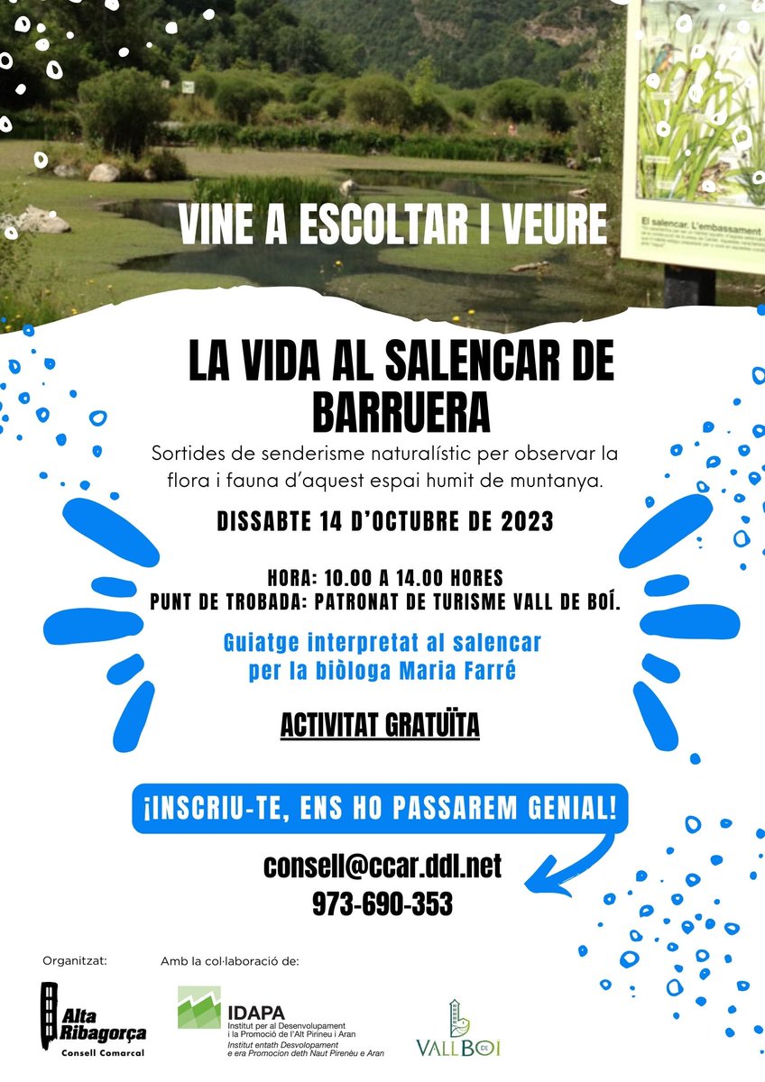 📢Aquest  dissabte us oferim una sortida de senderisme guiat al Salencar de Barruera. A través de les explicacions de la biòloga i guia de muntanya, Maria Farré, recorrerem una de les zones humides més interessants de la nostra comarca. 
ow.ly/C7fH50PUXGr