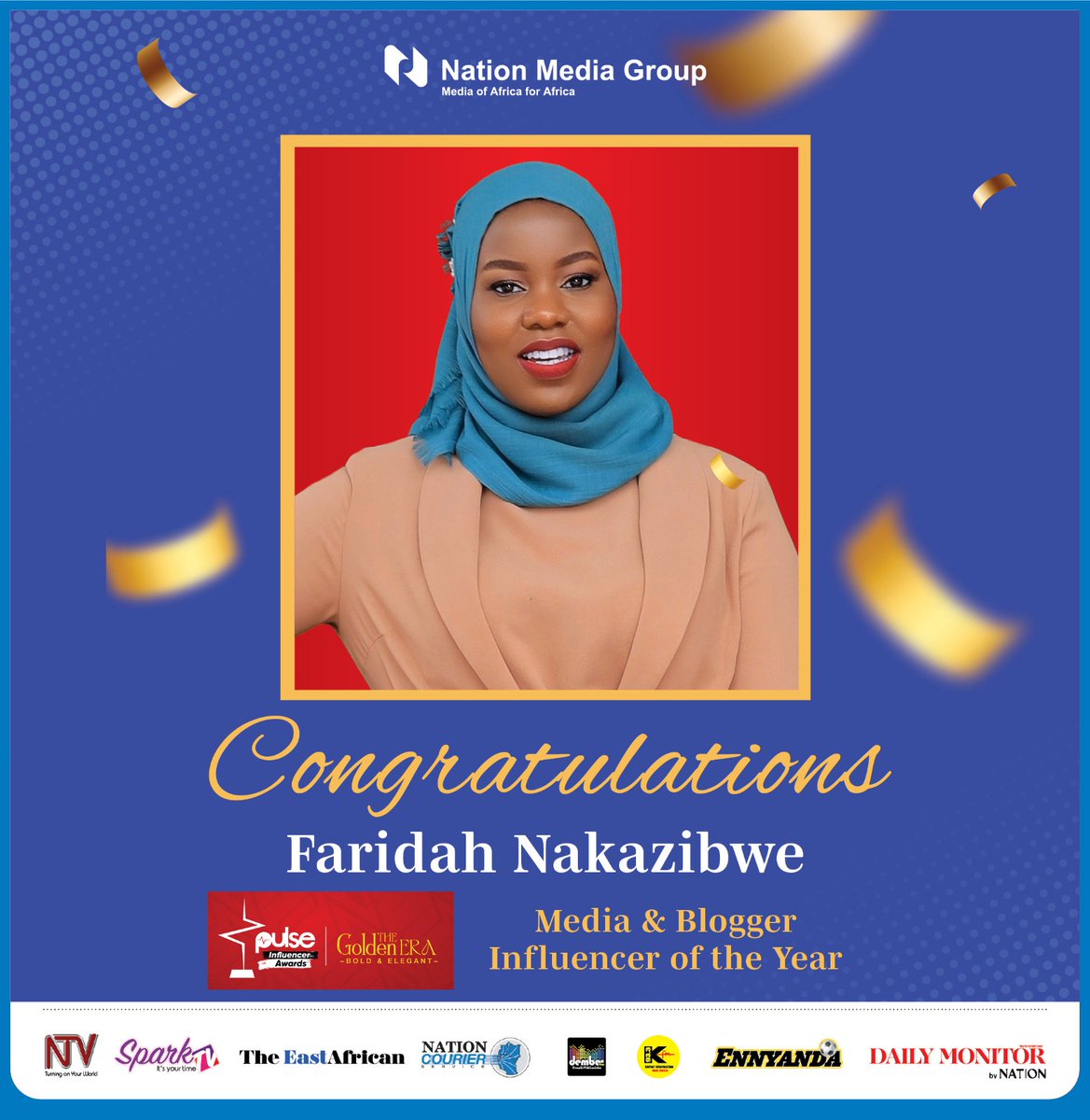 ntvuganda's tweet photo. Join us in extending our congratulations to @fsnakazibwe for her  achievement as the Media &amp; Blogger Influencer of the Year in the Pulse Influencer Awards. Well done, Faridah! https://t.co/zfzThBM1V1