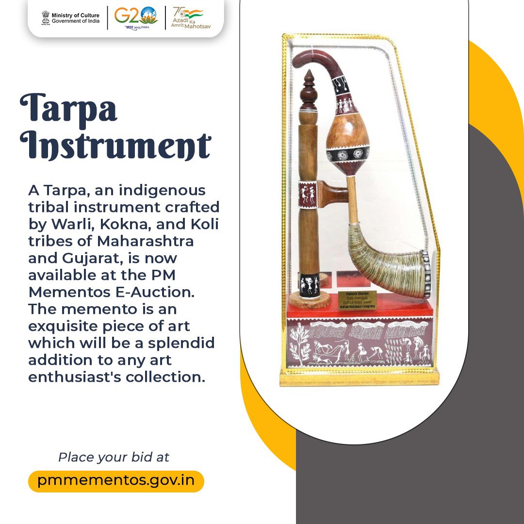 InfoGujarat's tweet photo. Up for auction is this beautiful piece of tribal art well preserved in a transparent acrylic sheet casing.
#Tarpa #FolkInstrument #Gujarat
#PMMementosAuction2023 #CultureUnitesAll #AmritMahotsav https://t.co/rt6btOIJH0