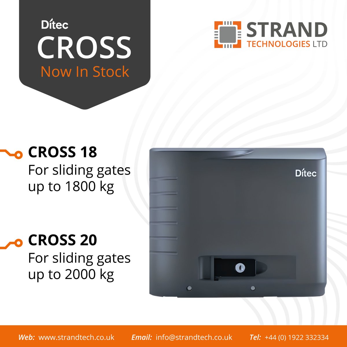 Ditec CROSS now available!
The best choice for heavy-duty use, they can move gates up to 60m wide, weighing up to 2000 kg. Ideal for residential, commercial and industrial sites.

For prices contact the team:
✉️   info@strandtech.co.uk   //   📞   01922 332334

#sliding #gates