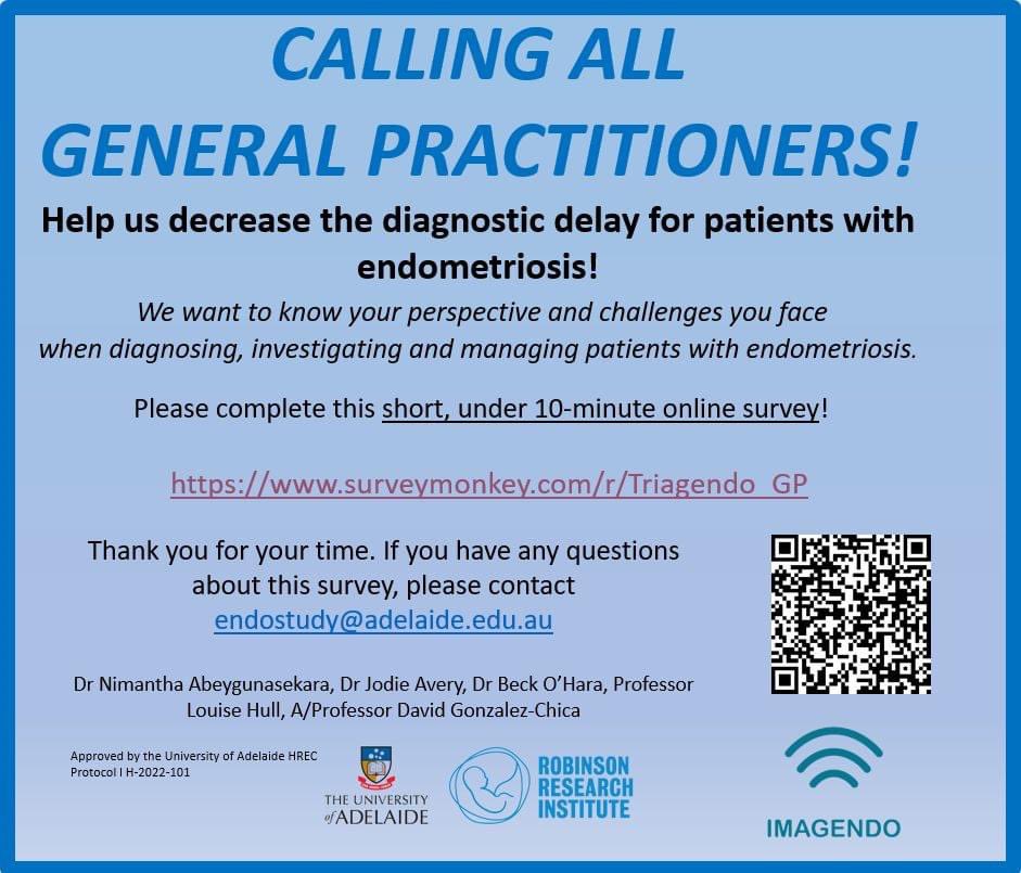 ⭐️Calling all GPs⭐️

We would like to invite you to participate in a survey to understand barriers for #GPs to diagnose #endometriosis 

 surveymonkey.com/r/Triagendo_GP

This survey is part of a Masters Project for our student Dr Nim Abeygunasekara

#MedTwitter