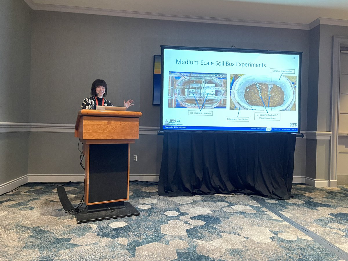 erica_fischer's tweet photo. PhD student Amy Metz presenting at #SFPE23 on wildfire impacts to water infrastructure. Great job Amy! Research in collaboration with @bpwham and funded by @SloanFoundation. https://t.co/QiM29EhLBM
