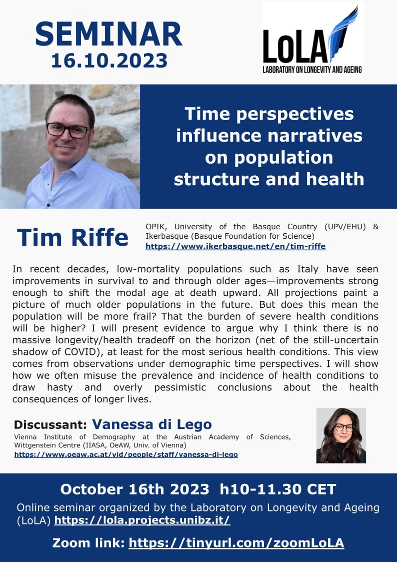 📢 <a href="/LaboratoryLoLA/">LoLA - Laboratory on Longevity and Ageing</a> SEMINAR 📢
⏰October 16th  h10-11.30
🎯"Time perspectives influence narratives on population structure and health" by <a href="/timriffe1/">Tim Riffe (@timriffe1@bsky.social)</a> (<a href="/upvehu/">UPV/EHU</a> <a href="/Ikerbasque/">Ikerbasque</a>)
with discussant <a href="/v_dilego/">vdilego</a> (<a href="/IIASAVienna/">IIASA</a> <a href="/oeaw/">Austrian Academy of Sciences</a> @UnivofVienna) 🥳
📍zoom link: tinyurl.com/zoomLoLA