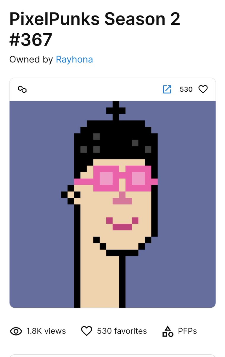 Pixelpunks_s2's tweet photo. ๐ Our Polygon PixelPunks NFT #367 is making waves! With 1.8K views and 530 likes, the pixel revolution is in full swing. Join us for pixelated fun! #NFT #PolygonPixelPunks #CryptoArt #PixelArt #Collectibles #Blockchain #NFTGiveaway https://t.co/Go66vnML7r