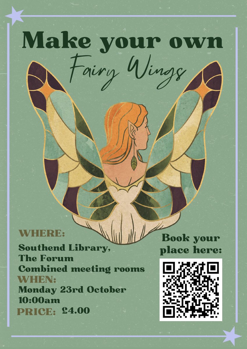 southendlibrary's tweet photo. Join us for a magical 'Make Your Own #Fairy Wings Workshop in our upcoming #FantasyWeek - you'll make your very own pair to take home and wear! 🧚
Monday 23rd October, 10am at The Forum. Tickets: £4. Spaces are limited & booking is essential, please visit: https://t.co/bRUEPinj0t https://t.co/gvOS5nS67G